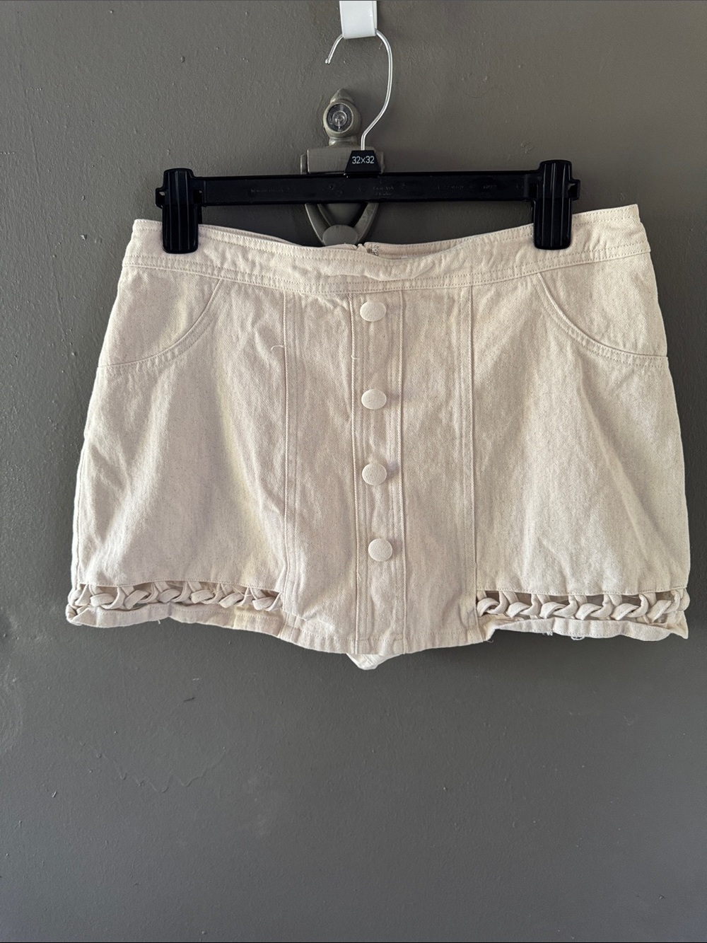 Cream Button-Front Mini Skorts with Braided Hem